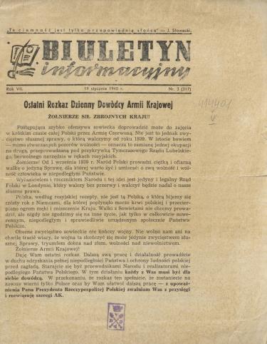Fot. Ostatni rozkaz dzienny dowódcy AK - Biuletyn Informacyjny. R.7, nr 3 (19 stycznia 1945) = nr 317, źródło: Cyfrowa Biblioteka Narodowa POLONA. Domena publiczna