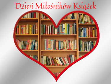 Serce wypełnione książkami. Napis Dzień Miłośników Książki