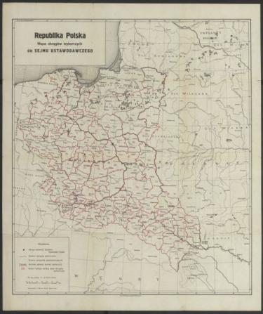 Styczeń 1919 roku. Mapa okręgów wyborczych do Sejmu Ustawodawczego (fot. Biblioteka Narodowa w Warszawie).Domena Publiczna.