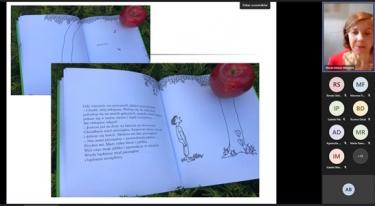Skrin z przebiegu szkolenia - w prawym górnym rogu prowadząca szkolenie, na środku zdjęcie z kolejnej prezentowanej książki