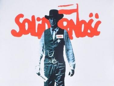 Plakat „Solidarności” nawiązujący do kadru z filmu „W samo południe” - symbol wyborów kontraktowych. Licencja CC BY 3.0.  Źródło: Wikimedia Commons 